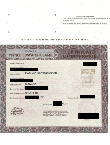 Marriage certificate Canada - front page