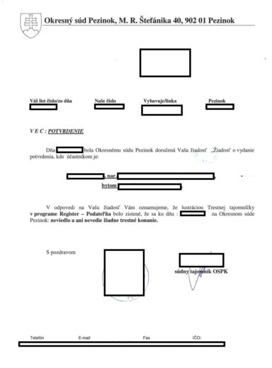 Potvrdenie zo sudu