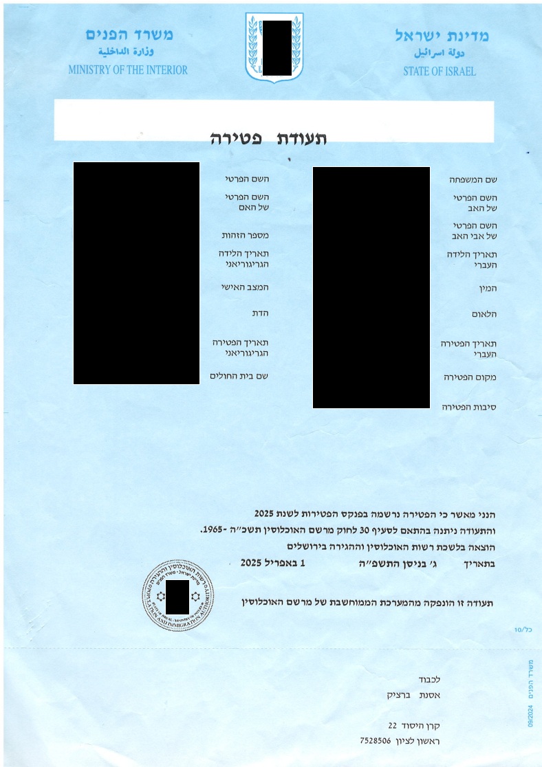 Umrtny list z izraela